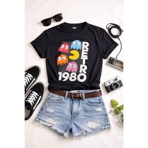 Pac Man Retro 1980 T Shirt Mens Large Black Graphic Arcade Gamer Tee